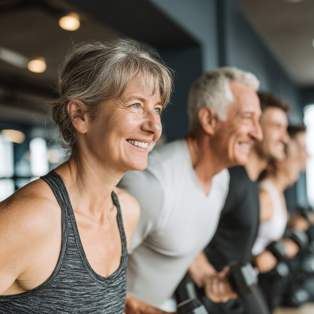 Smiling Ukrainian adults of various ages participating in strength training exercises in a modern fitness studio, showing determination and joy in their fitness journey